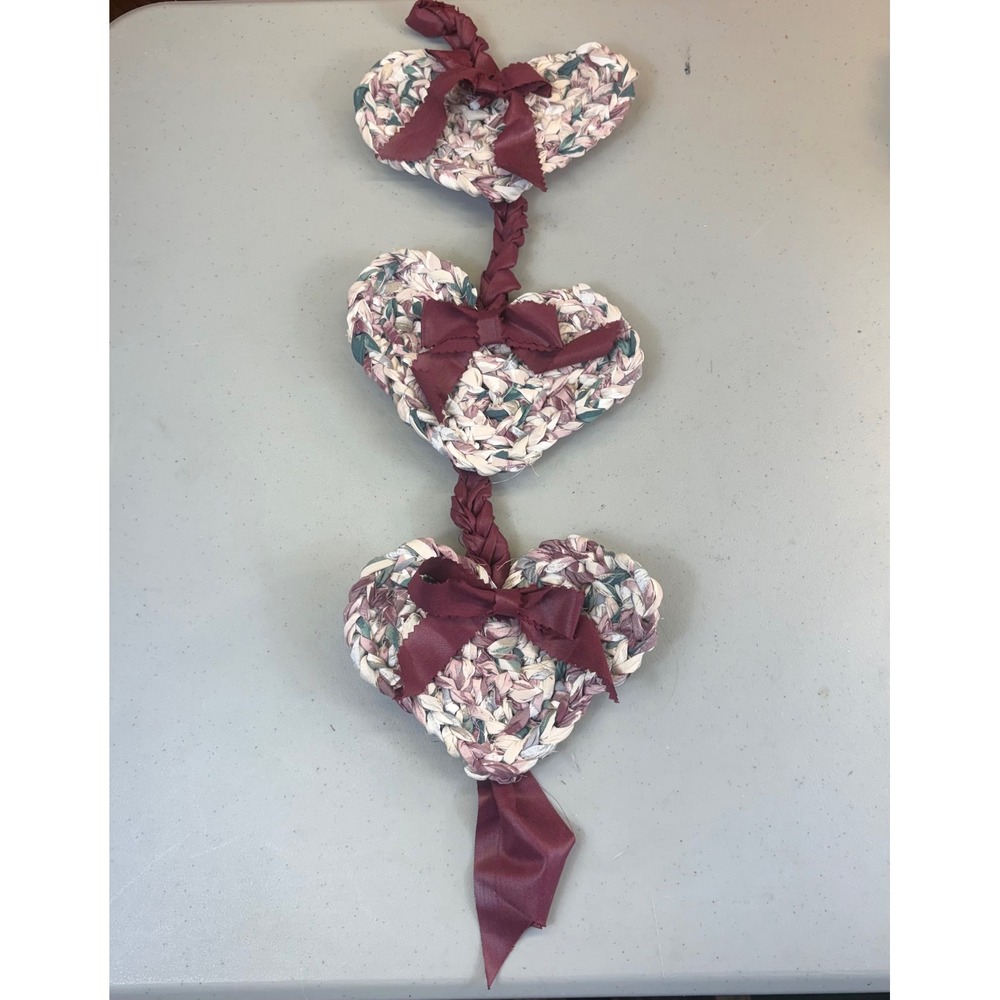 Handmade Braided Fabric Heart Wall Hanging Country Cottage Decor Burgundy Granny